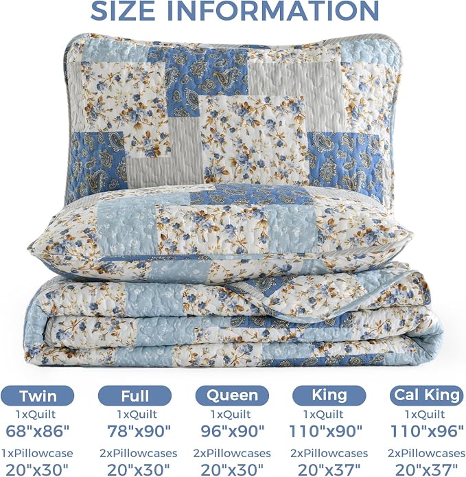 Mybedsoul Boho Quilts Queen Size, Floral Patchwork Bedding Set, Light Blue | Soft Lightweight Microfiber Coverlet Set, 3 Pieces Plaid Reversible Bedspread, Bed Sets for All Seasons 96"x90"
