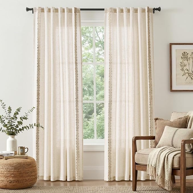 jinchan Beige Linen Curtains with Woven Trim Back Tab 50 x 84 Inch 2 Panels | Semi sheer light filtering, modern farmhouse curtains for living room and bedroom, back tab rod pocket, machine washable