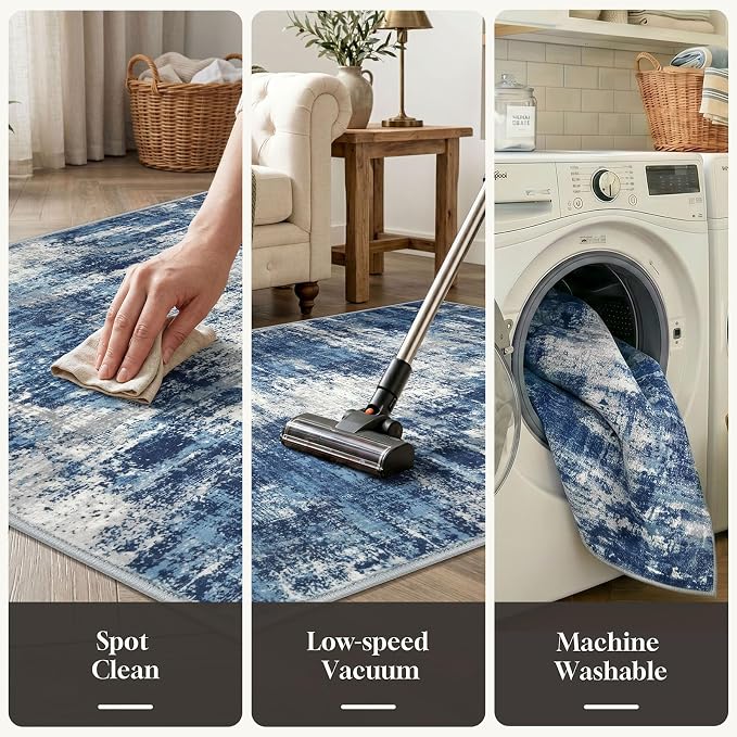 Lansny Abstract Washable 2x10 Runner Rug Runners for Hallways Non Slip | Blue;Thin Printed Faux Wool Entryway Runner Indoor;Hallway Runner Rug;Rubber Backed 10ft Floor Carpet Runners;Bedroom Runners
