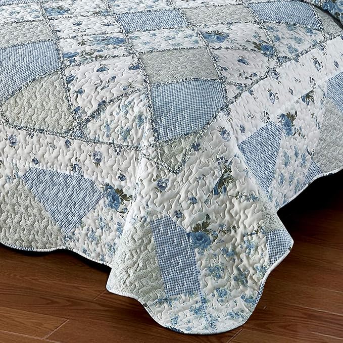 Oversized King Size Quilt Set 128x120 Blue Floral Patchwork Bedspreads Set | 3-Piece Extra Wide Super King Size Bedding Set Rversible Quilted Coverlet Lightweight Comforter Bed Cover with 2 Pillowcases