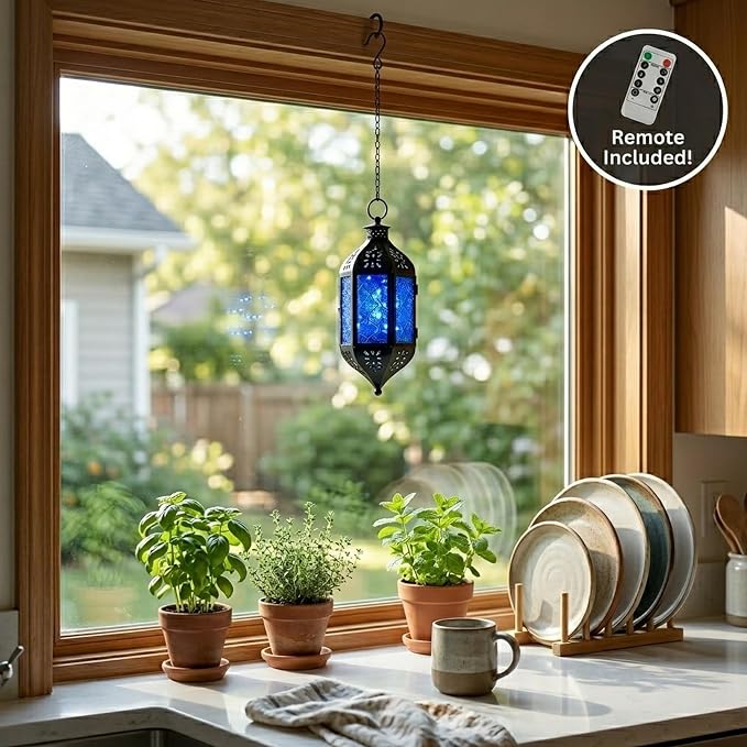 Vela Lanterns Hanging Moroccan Lantern with LED Twinkle Fairy Lights - Exotic Decorative Patio & Porch Decor, Indoor Outdoor Candle Lamp Holder with Chain (13" Large, Cobalt Blue Glass)