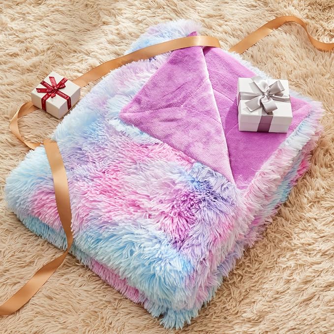 GONAAP Fuzzy Faux Fur Twin Blanket for Couch, Purple Rainbow, 60"x80" | Warm Cozy Plush Shaggy Decorative Reversible Thick Non-Heated Fleece Blanket for Sofa Bed, Gift for Women Men, All Season Use