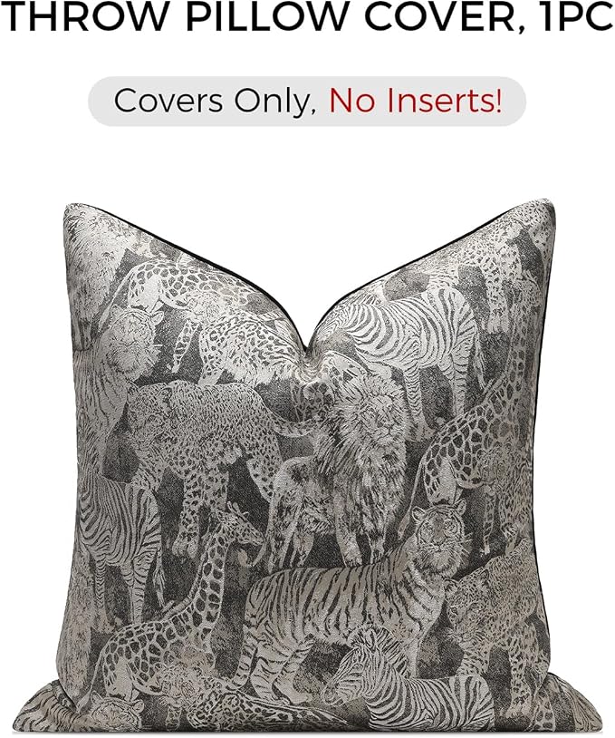 Wildlife Safari Throw Pillow Cover 18x18 inch, Animal Jacquard Cushion Cover, Lion Tiger Cheetah Zebra Giraffe Pattern, Decorative Pillow Case with Hidden Zipper for Living Room Couch