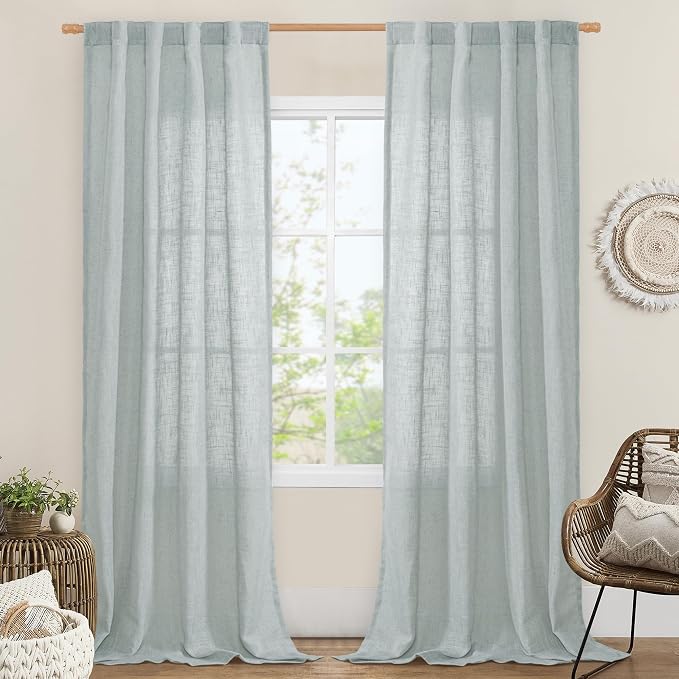 Greyish Blue Linen Boho Curtains 84 inch Length 2 Panels Bedroom | Light Filtering Semi Sheer Panels, Rod Pocket Back Tab, Neutral Drapes for Window Treatment, Living Room, 34 x 84 Inch