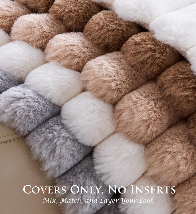 Pack of 2 Throw Pillow Covers 20x12 Decorative Solid Plush Faux Fur with Soft Velvet Back, Square Striped Cushion Cases Modern Farmhouse Home Decor for Living Room Couch Sofa Bed Cream White