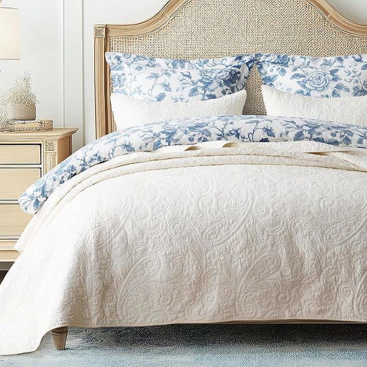 EVERGRACEHOME 100% Cotton Paisley Quilt Set, King Size, Ivory Cream | Prewashed for Softness, Year-Round Breathability, Gift-Ready Box, Matelasse-style Quilted Coverlet, 3 Piece Set with 2 Shams