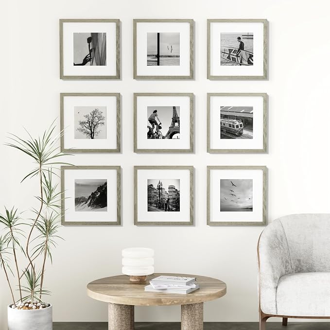 Vittanly 12x12 Picture Frames Set of 9 for Wall Mounting, Driftwood | Display Pictures 8x8 with Mat or 12x12 without Mat for Wall Mounting, Square Photo Frames for Home Decor, Engineered Wood