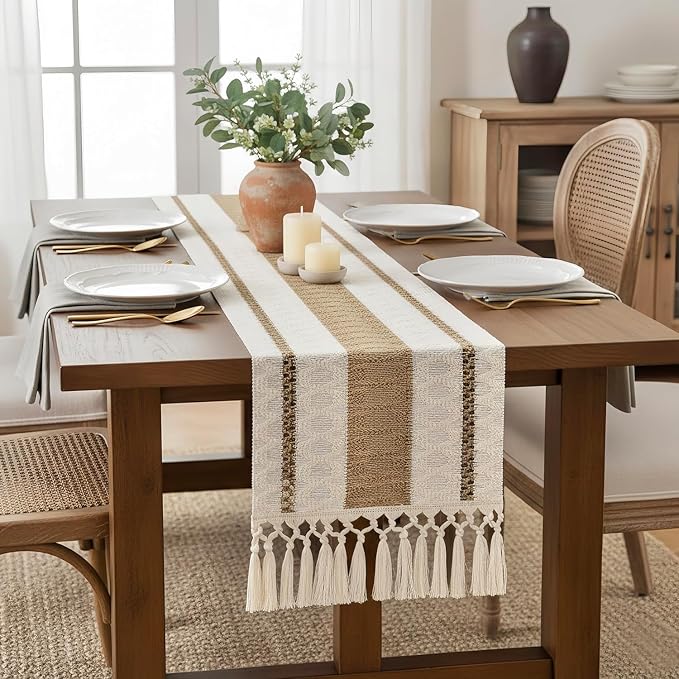 FEXIA Boho Table Runner with Tassels 12x48 Inch for Fall Home Decor | 48 Inches Long Pottery Barn Furniture Farmhouse Rustic Macrame Burlap Table Decoration for Living Room Kitchen Baby Shower