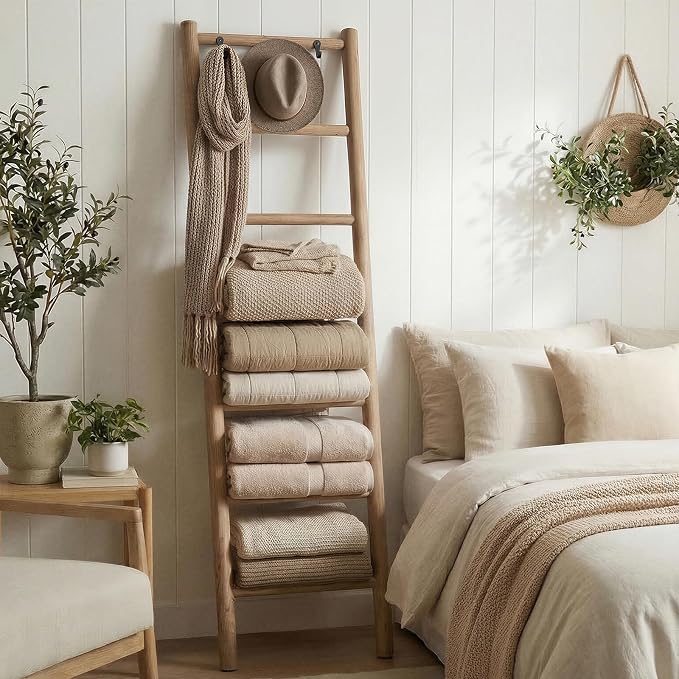 Wooden Blanket Ladder - 76in(7-Rung) Natural Wood Color- Leaning Wall Decor for Bedroom, Bathroom, Living Room - Rustic Quilt Holder (Brown (Knock Down), 76in(7-Rung) | Knock Down)
