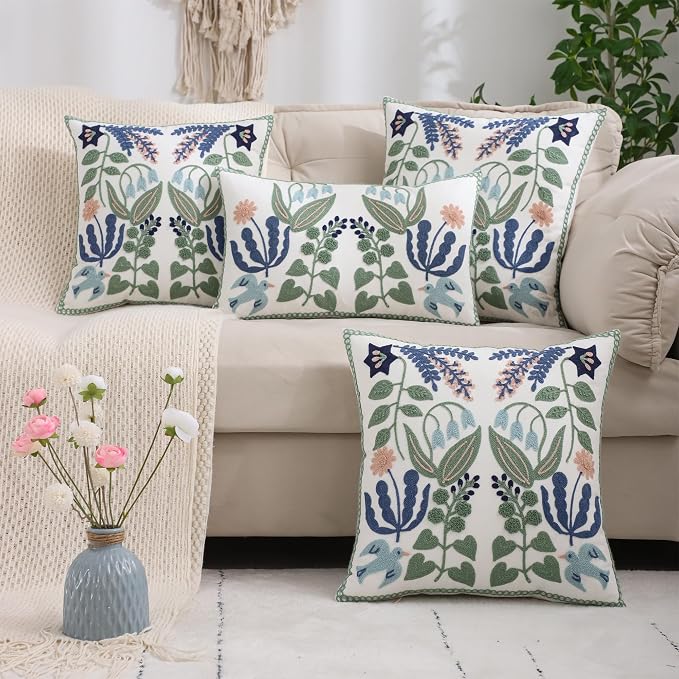 Embroidered Throw Pillow Covers 12x20 inch Set of 2 Blue Birds | Durable Fabric,Lumbar Pillow Cover,Boho Decorative,Hidden Zipper,Aesthetic Design,Ideal Gift,Machine Washable