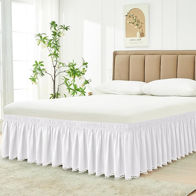 Wrap Around Queen Size Bed Skirt 15" Drop-Elastic Dust Ruffle White Pompom | Adjustable Pleated Bedskirt-Easy Fit Wrinkle Resistant Washable Hotel Quality Fabric Bed Skirting-Master Guest Bedroom Rental