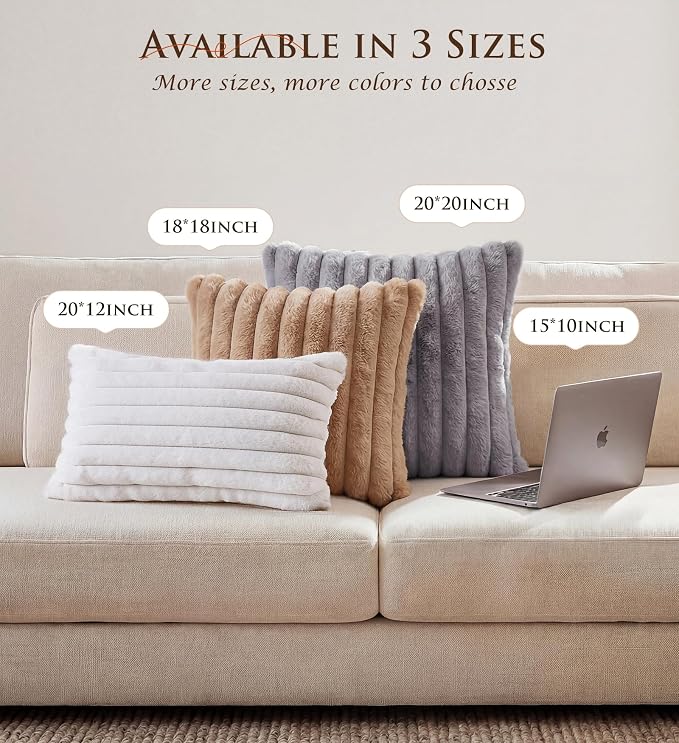Pack of 2 Throw Pillow Covers 20x12 Decorative Solid Plush Faux Fur with Soft Velvet Back, Square Striped Cushion Cases Modern Farmhouse Home Decor for Living Room Couch Sofa Bed Neutral Gray