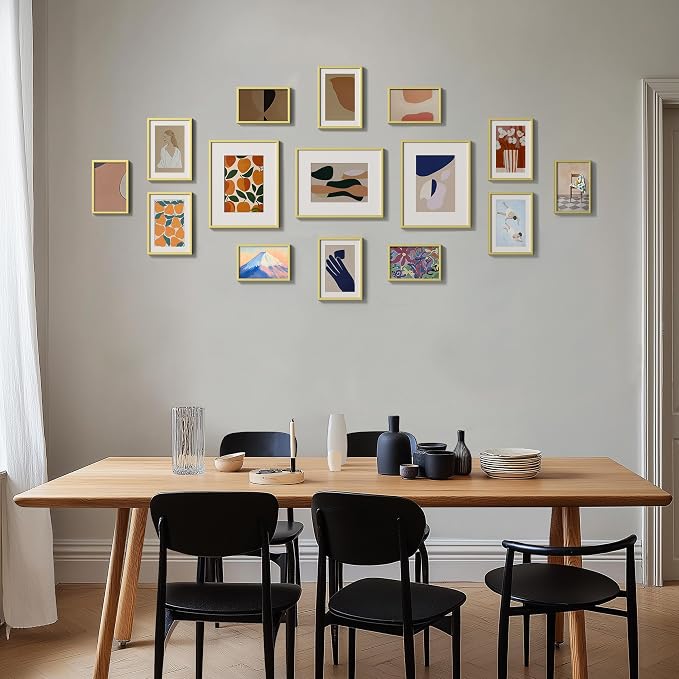eletecpro Aluminum Gallery Wall Frame Set of 15 with Glass Cover, Gold | Including 3Pcs 8x10, 6Pcs 5x7, 6Pcs 4x6 Photo Frames, Multiple Sizes Picture Frames Collage Wall Decor or Tabletop Display
