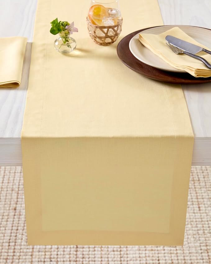 Solino Home 100% Pure Linen Table Runner Golden Straw, Fete 14 x 156 in | brings a tailored look to family meals and hosting, European flax fibres, handloomed texture, soft, fine, OEKO-TEX Certified