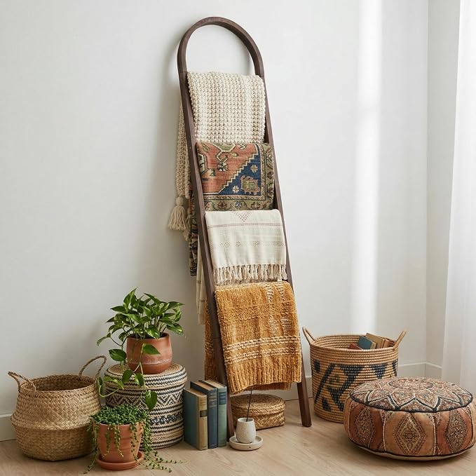 Sintuff Arched Wooden Blanket Ladder 5.5ft Leaning Rack, Brown | 5-tier Natural Wood, Farmhouse Decor Shelf for Bedroom Bathroom, Leaning Design for Throw Blankets and Towels Holder Storage
