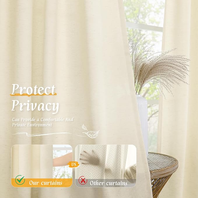 Linen Curtains 72 inches Long for Living Room, Light Beige, 2 Panels | Light Filtering, Semi Sheer, Privacy Protected, Window Treatments, Neutral Drapes for Bedroom, Rod Pocket, 52 x 72 Inch
