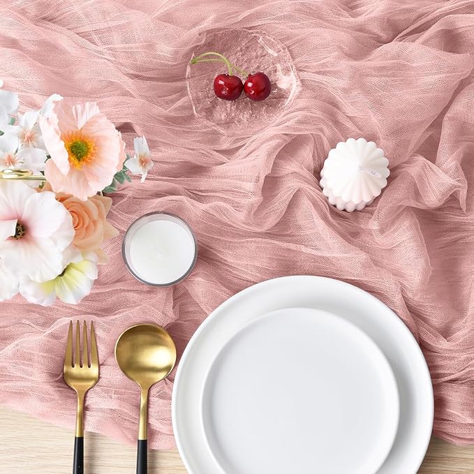 Dusty Rose Cheesecloth Table Runner Cheese Cloth Wedding Birthday Decor | 10Ft Summer Rustic Boho Gauze Farmhouse Bridal Baby Shower Holiday Dining Tea Party Home Table Decorations 4 Pack