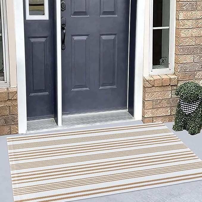 Khaki and White Striped Outdoor Rug 24'' x 51'' Front Porch Rug Hand-Woven Machine Washable Indoor/Layered Door Mats for Entryway/Bedroom