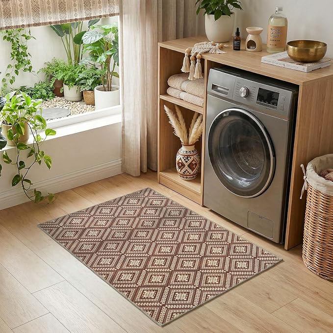 jinchan 2x3 Faux Jute Area Rug Washable Tile-Inspired Rug, Terracotta Brown | Vintage Geometric, Non-Slip, Low Pile, Indoor Outdoor, High-Traffic, Kitchen, Entryway, Bathroom, Laundry Room, Porch Balcony