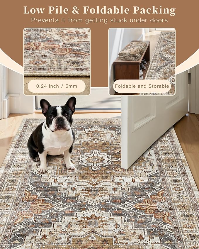 Madane Kitchen Runner 2'6''x8' Soft Rug Runners for Hallways, Turmeric/Grey | Vintage Machine Washable Rugs 2.5x8 Ft, Non-Slip Low Pile Stain-Resistant 8ft Floor Carpet for Laundry Room, Corridor