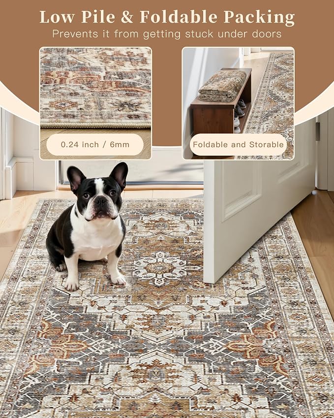 Madane Hallway Runner Rug 2'6''x12' Kitchen Runners Vintage, Turmeric/Grey | Non-Slip Washable Rugs 12ft for Laundry Room, Entryway and Bedroom, Soft Low Pile Stain-Resistant Wide 2.5x12 Ft Floor Carpet