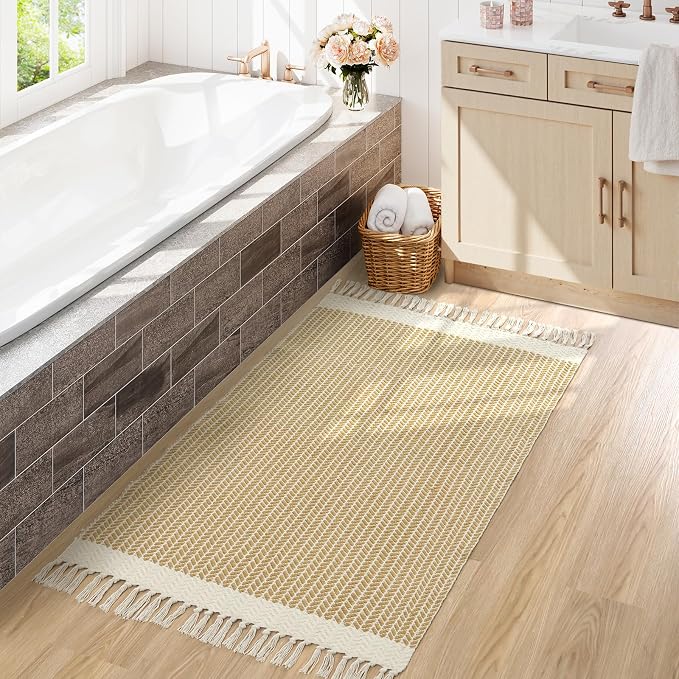 Lahome Boho Bathroom Rugs, 3x5 Washable Area Rug for Bedroom | Woven Cotton Kitchen Rug with Tassels, Farmhouse Decor Throw Non Shedding Indoor Door Mats for Entryway Living Room, Khaki