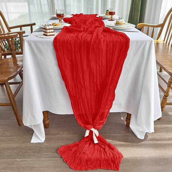 IVAPUPU Red Table Runner 120 Inches for Wedding Birthday Party Home Decor | 2 Pcs Boho Gauze 10FT Cheesecloth Table Runners for Baby Shower Decorations Summer Garden Farmhouse