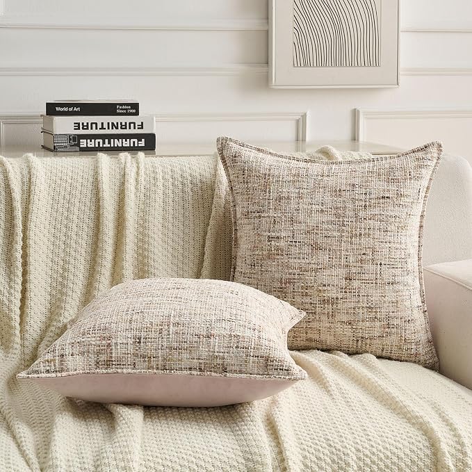 FUTEI Pack of 2 Chenille Tweed Vintage Throw Pillow Covers 16x16 Inch Soft Decorative Cushion Case Modern Farmhouse Accent for Couch Bed Living Room, Beige Brown