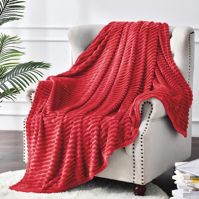 BEDELITE 3D Ribbed Jacquard Red Fleece Twin Blanket for Bed, 60x80 Inch | Soft Warm Decorative Fluffy Blanket, Cozy Plush Lightweight Fuzzy Throw Blanket for Couch Sofa Room Decor, Gift for Women