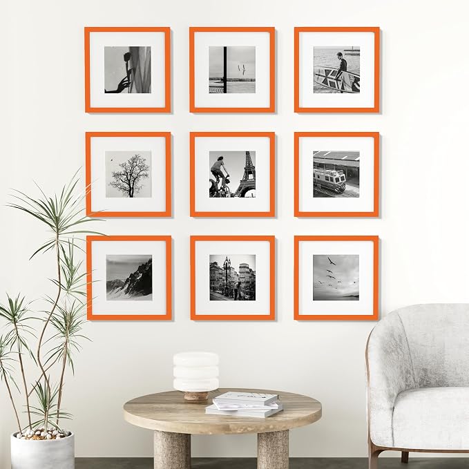 Vittanly 12x12 Picture Frames Set of 9 for Wall Mounting, Orange | Display Pictures 8x8 with Mat or 12x12 without Mat for Wall Mounting, Square Photo Frames for Home Decor, Engineered Wood