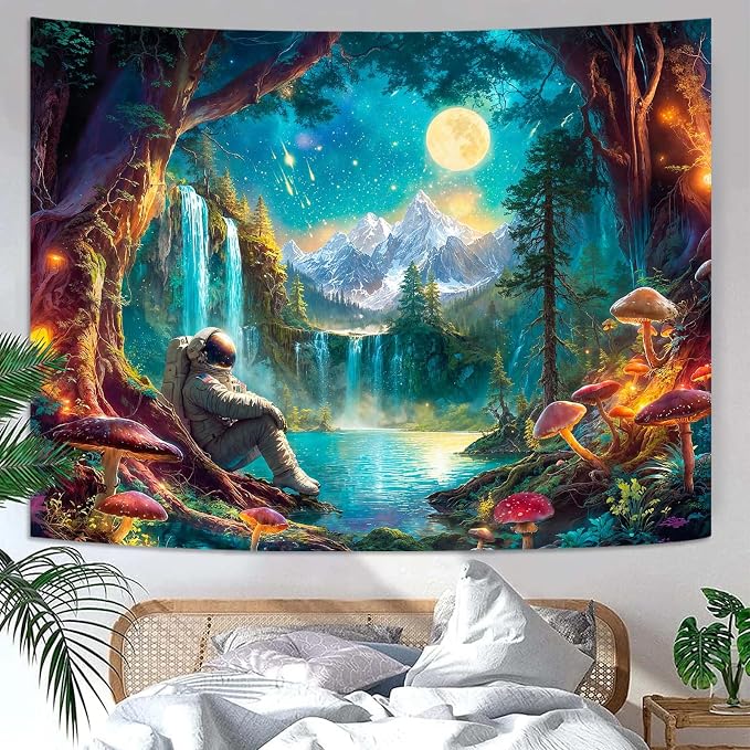 Zussun Mushroom Forest Tapestry Astronaut Nature Waterfull Snow Mountain Tapestry for Bedroom Aesthetic Fairy Moon Landscape Small Tapestries Wall Hanging for Dorm Living Room Decor 60 x 44 Inch