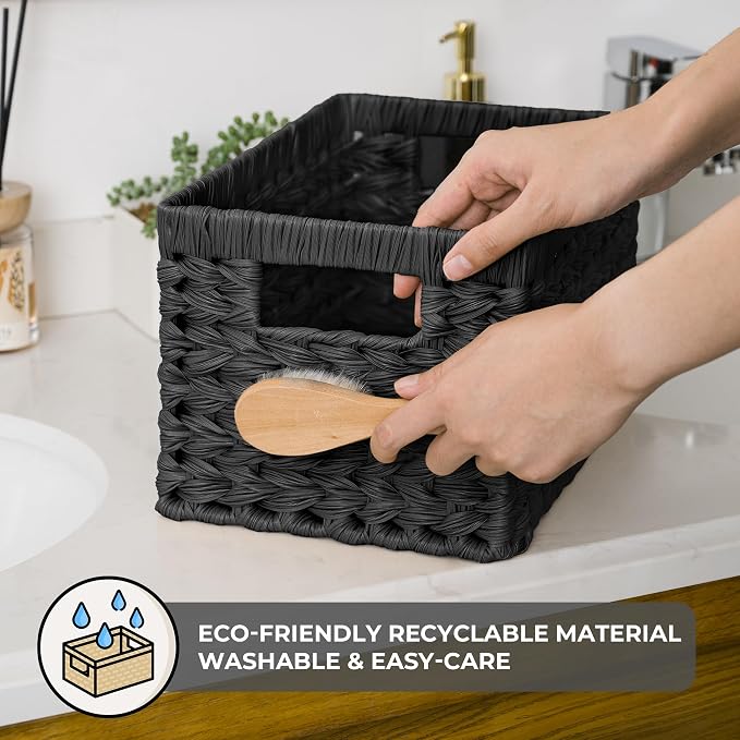GRANNY SAYS Black Wicker Basket,Decorative Woven Baskets for Storage,2-Pack | Waterproof Plastic Black Baskets for Shelves,Storage Basket Organizer,Wicker Storage Basket for Organizing,Black Woven Basket