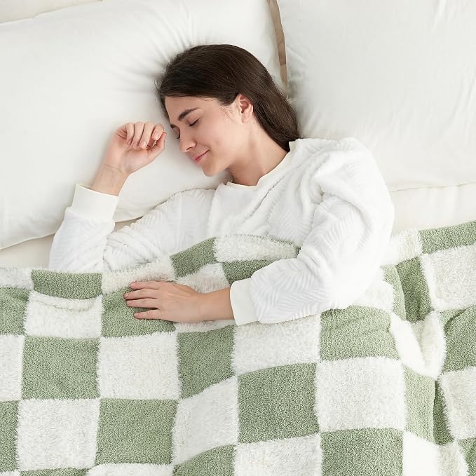 Snuggle Sac Sage Green Checkered Throw Blanket Faux Fur Knitted with Microfiber Yarn, Cozy Soft Warm Spring Blankets for Couch,Sofa,Bedroom,Sage Green Checker,50x60 inches