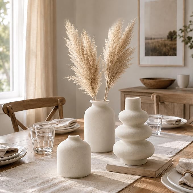 Ceramic Flower Vase Home Decor Small Vase Set of 6 Centerpieces for Tables | Farmhouse Vases Rustic Vintage Living Kitchen Bedroom Decorations for House Book Shelf Office Coffee Desk Dining Fireplace