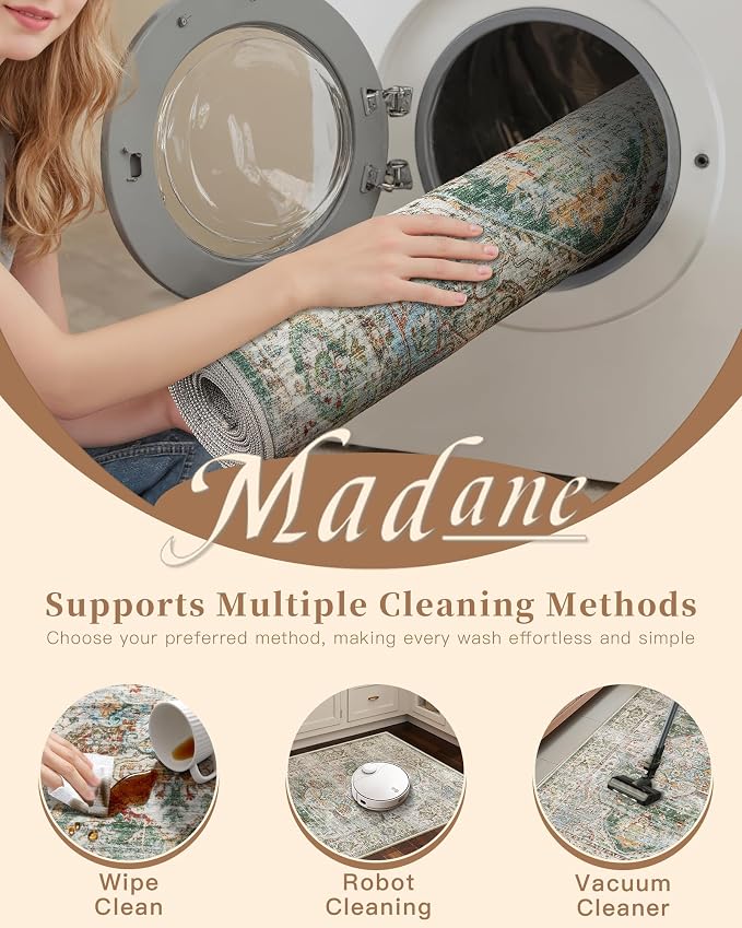 Madane Washable Area Rug 2x3 Small Entryway Rugs Non-Slip, Green | Vintage Stain-Resistant Door Mat Indoor Entrance, Low Pile Floor Carpet for Inside Front Bedroom Kitchen Entry Laundry, Stair