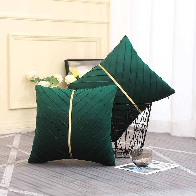Velvet Throw Pillow Covers 26x26 Pack of 2 Gold Decor Dark Green