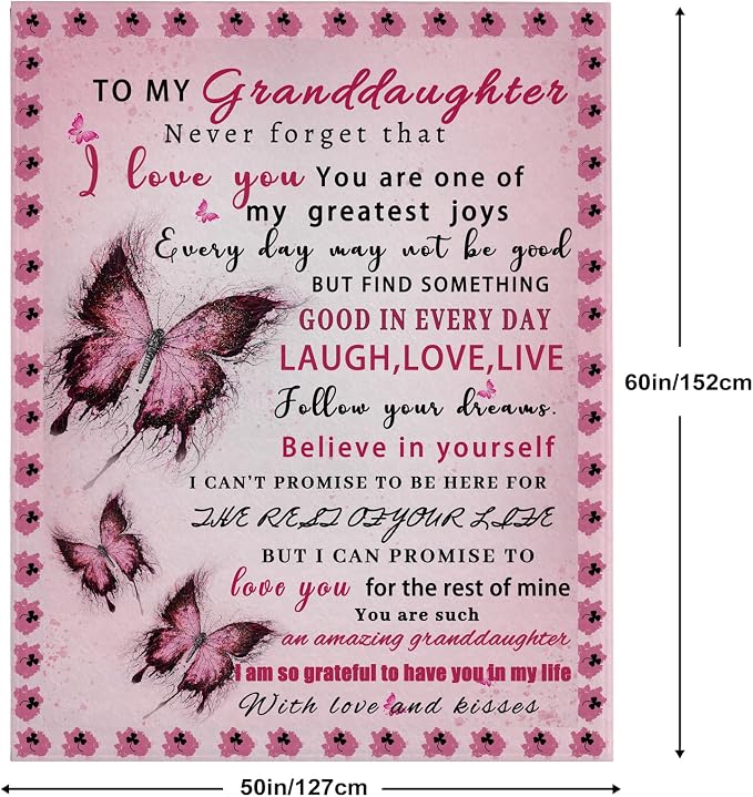 Granddaughter Gifts from Grandma, Granddaughter Gifts, Gift for Grand Daughter Birthday, Graduation, Christmas, Granddaughters Blanket, Pink Butterfly, 60"x50"