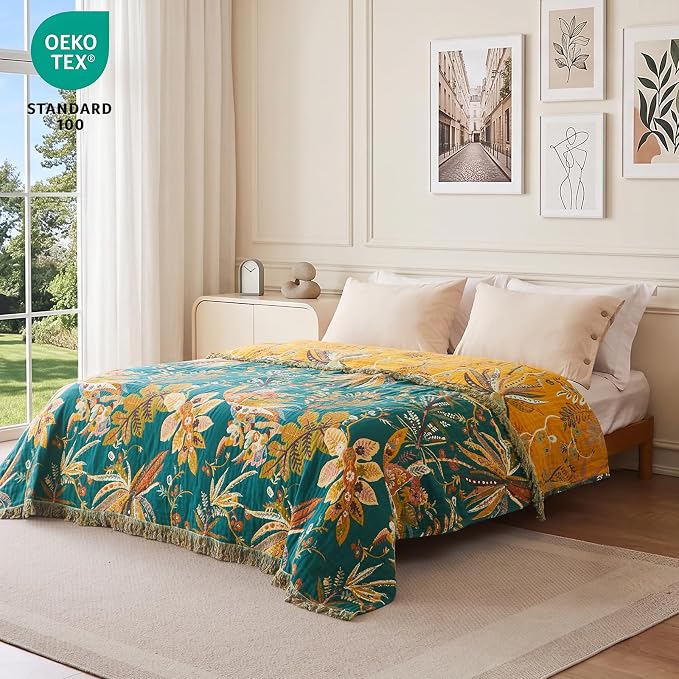 MSGKV Boho Throw Blanket 50"x60" Cotton Summer Floral Blanket for Couch | 100% Cotton Muslin, Floral Throw Blanket, Reversible Weave, Soft & Breathable, Botanical Home Decor, Machine Washable