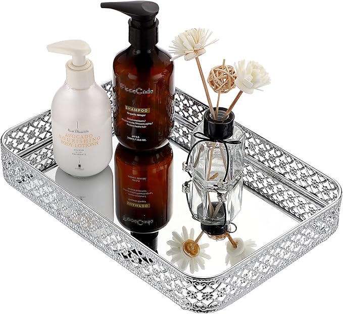 ELLDOO Silver Mirror Glass Perfume & Makeup Vanity Tray, Medium Size