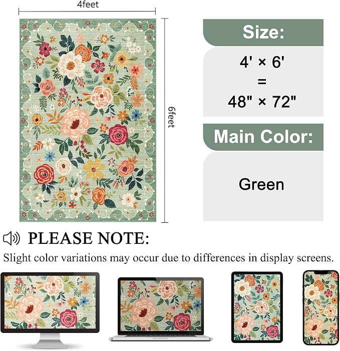 DUKINO 4x6 Area Rug, Floral Washable Rug Non Slip Office Chair Mat, Green | Low Pile, Stain Resistant, Soft Indoor Rug for Bedroom, Living Room, Dining Room, Kids Room, Pet Friendly, Modern Home Decor