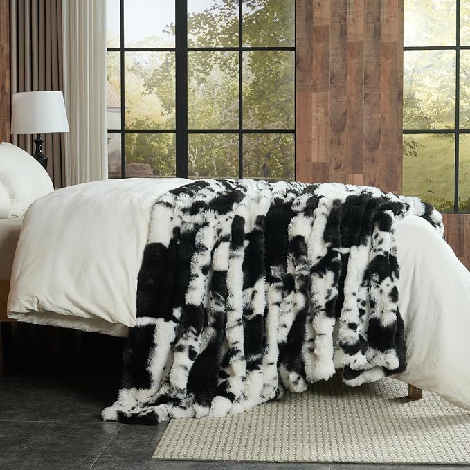 Lotus Karen Faux Fur Throw Blanket Cow Print-Black, Fluffy Fuzzy Plush Bubble Blanket for Couch, 90x90 InchesCozy Shaggy Rabbit Blanket, Luxury Decorative Gifts for Sofa Bedroom Living Room.