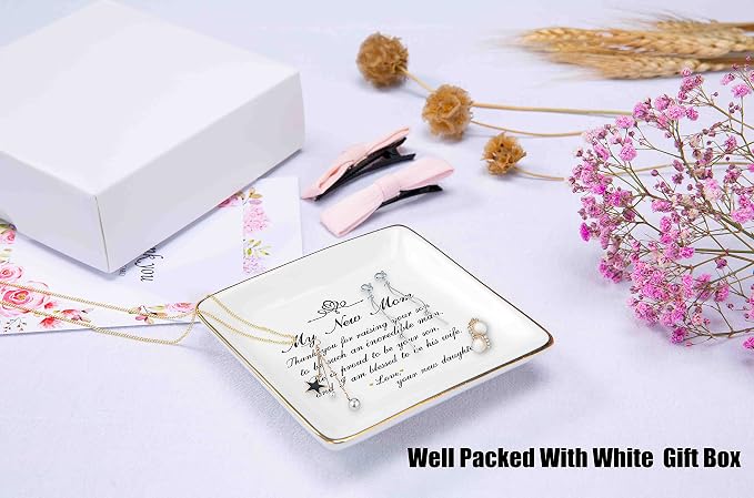 Gift for Mother of the Groom from Bride-Thank You for Raising Your Son-Ceramic Jewelry Holder Ring Dish Trinket Tray-Wedding Present for New Mother-Bridal Shower Present-I Am Blessed to Be His Wife