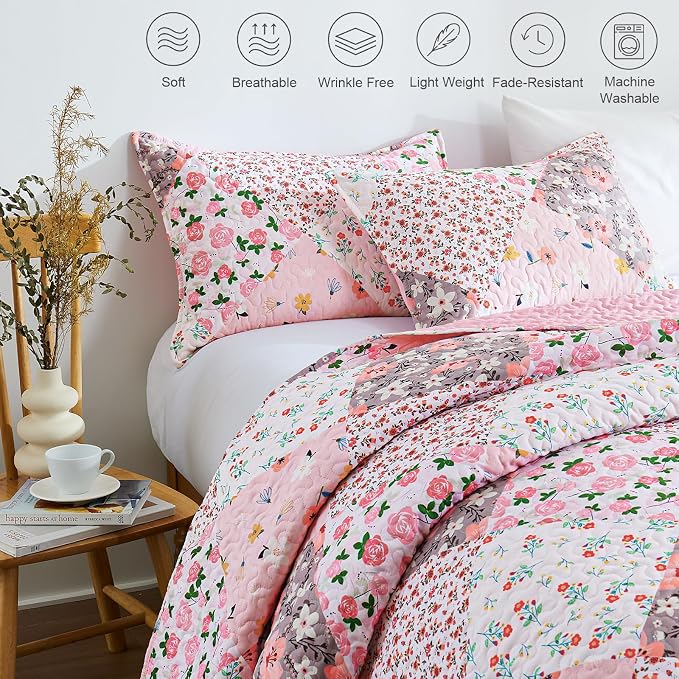 Whale Flotilla Patchwork Quilts Twin Size, Extra Soft Floral Bedspreads | Pink Reversible Lightweight Twin Quilt Bedding Set for Bed, Printed Coverlets with 1 Pillow Sham for All Seasons