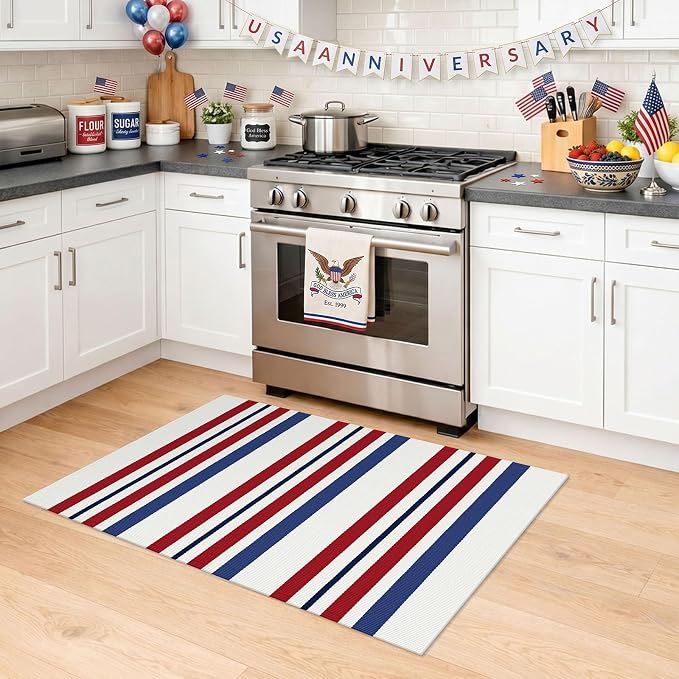 KILOCOCO 250th Anniversary Patriotic Striped Doormat 2.3'x3.6', Red Blue | Washable Front Door Mat, Cotton Welcome Mat for Independence Day, Woven Outdoor Rug for Memorial Day, Entryway Rug