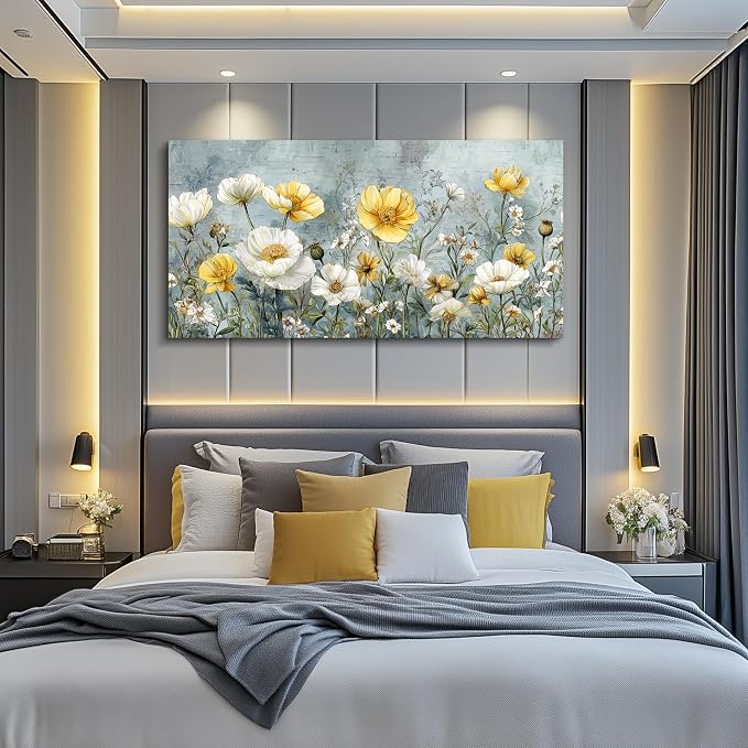QIYILEXWART Canvas Wall Art For Living Room Wall Decor For Bedroom Office Wall Decoration Yellow White Flowers Landscape Painting Farmhouse Pictures Artwork Room Aesthetic Home Decor 20x40 In