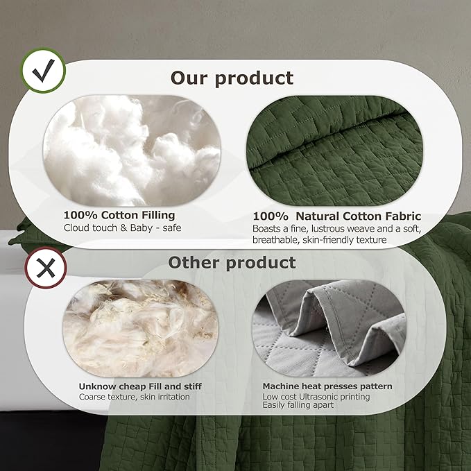 palassio Olive Green 100% Cotton Quilt Queen Size Bedding Sets with 2 Pillow Shams, Textured Lightweight Soft Bedspread Shabby Chic Coverlet, Quilted Comforter Bed Cover for All Season, 3 Pieces