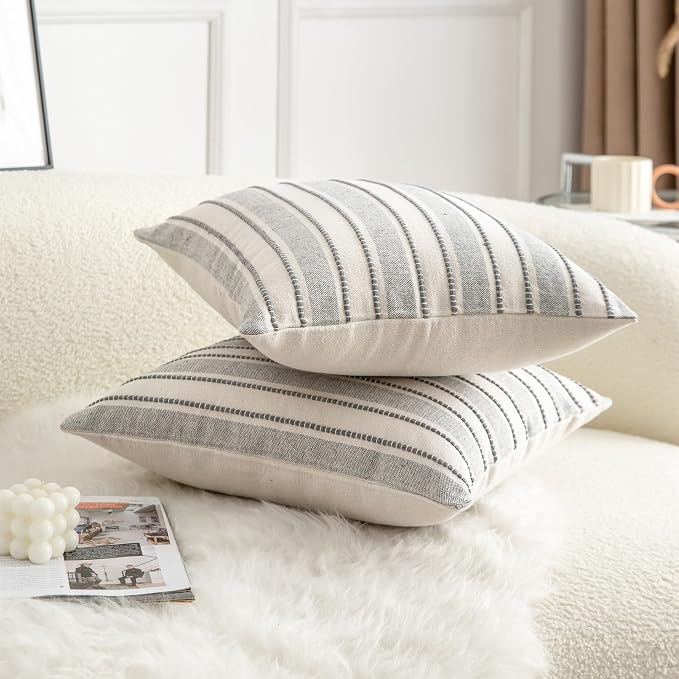 Cethom Decorative Boho Throw Pillow Covers, Farmhouse Textured Pillow Case, 22 x 22 Inch Set of 2, Chair Sofa Bedroom Living Room Home Decor Couch Cushion Case, Grey and Beige Striped
