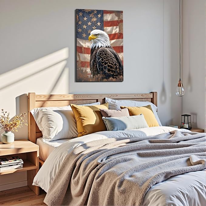 Framed Vintage Bald Eagle American Flag Wall Art, Patriotic Rustic Canvas Art Pictures, USA Eagle Wall Decor, Made in USA Ready to Hang for Office Man Cave