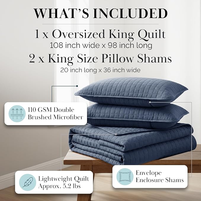 Southshore Fine Living, Inc. Lightweight Quilt King Size Bedding Set, Pet Hair Resistant Bedding Oversized King Size Quilt Coverlet Set w/2 Shams, Blue Coverlet Quilted Bedspread, Dark Blue Quilts