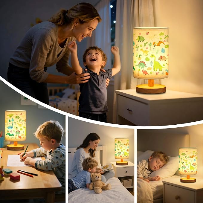 WSYEAR Bedside Table Lamp for Bedroom with Dinosaur Pattern Printed Shade 3-Way Dimmable Small Lamp with Wood Base for Living Room, Desk, Dorm, Home Office